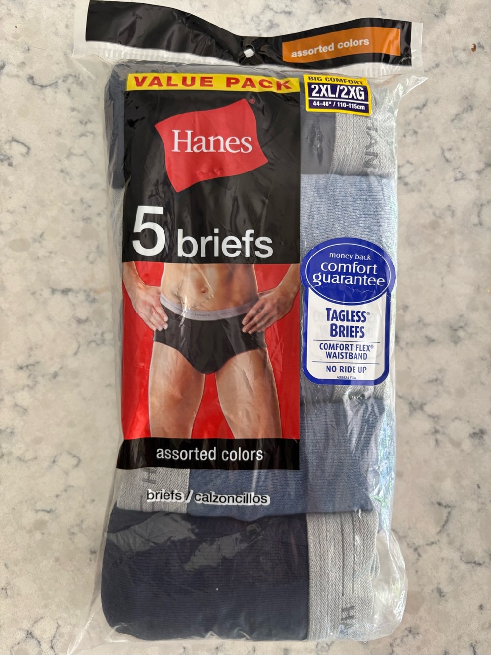Hanes Mens Briefs 5 Pack Size XXL Assorted Colors New Underwear Tagless 2X